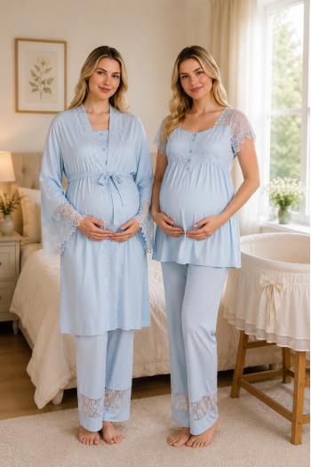 Dantelli Mavi Kısa Kollu Lohusa Hamile Pijama Takımı Sabahlık 33002